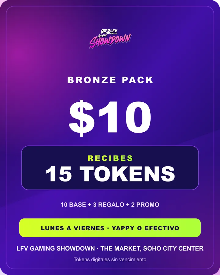 Bronze Pack: $10, 15 tokens con promoción de lunes a viernes